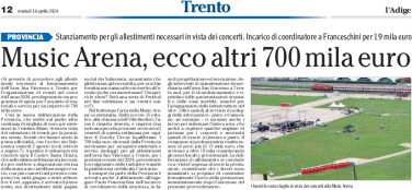 Trentino Music Arena: stanziati altri 700 mila euro