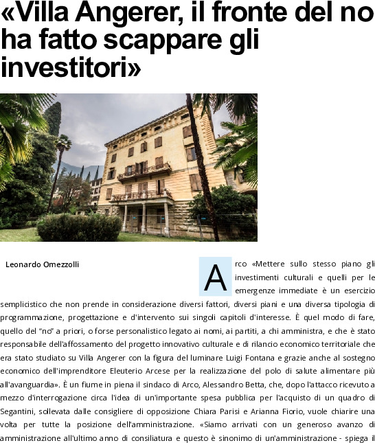 Arco, Betta: Villa Angerer, il fronte del no ha fatto scappare gli investitori