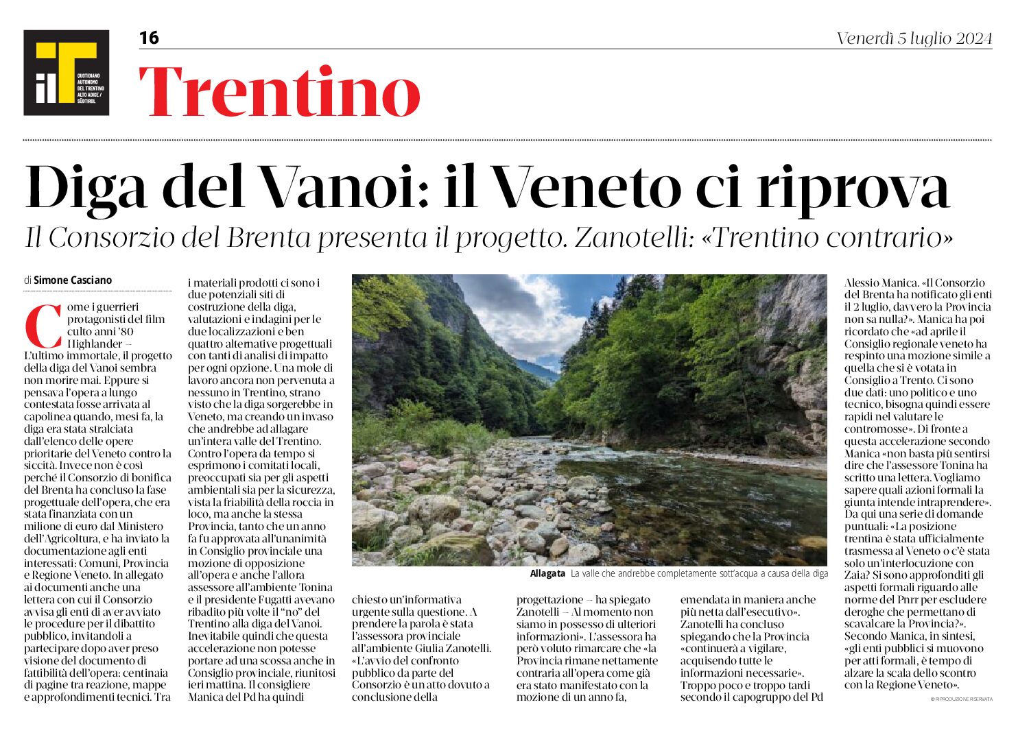 Diga del Vanoi: il Veneto ci riprova. Zanotelli “Trentino contrario”