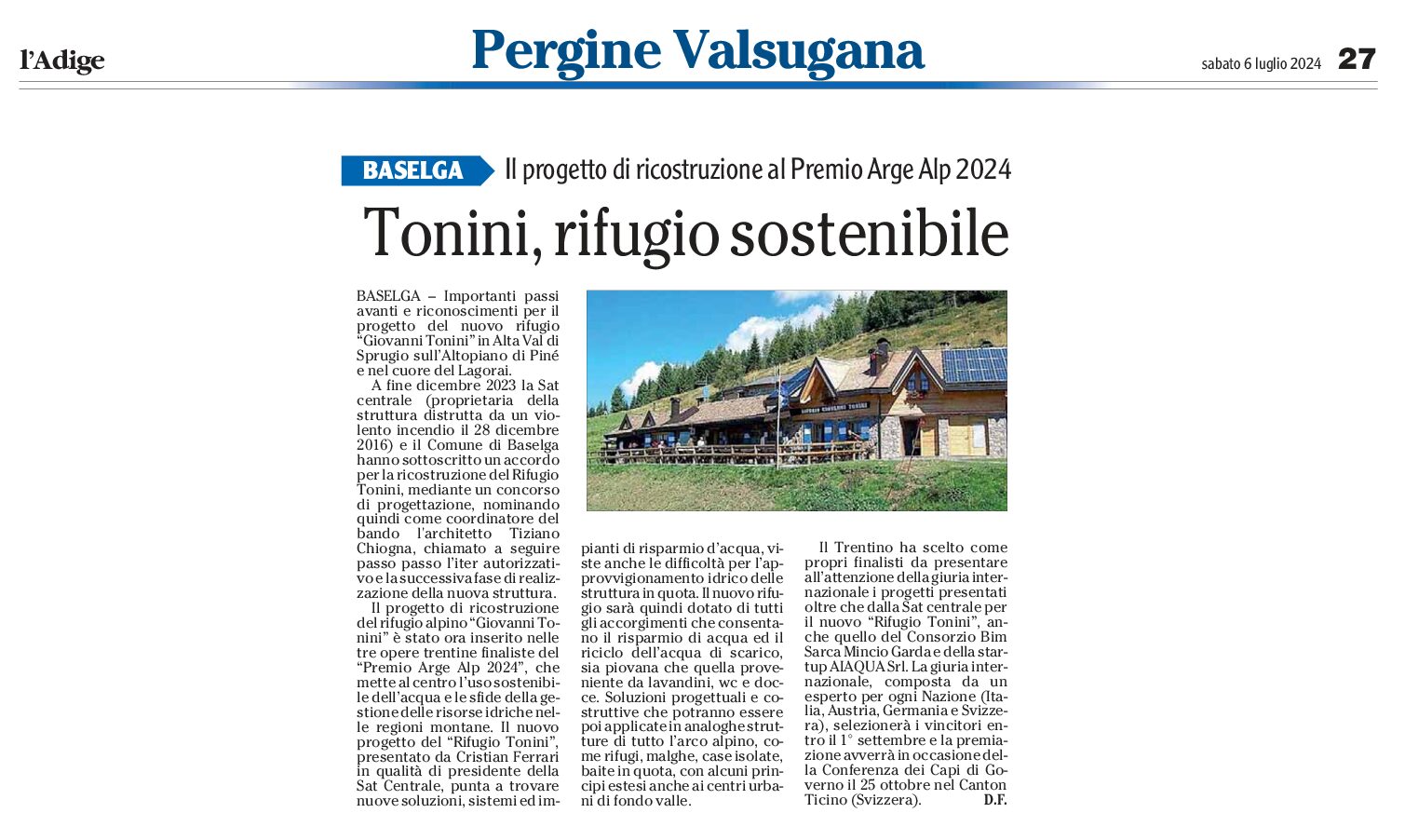 Baselga: Tonini, rifugio sostenibile