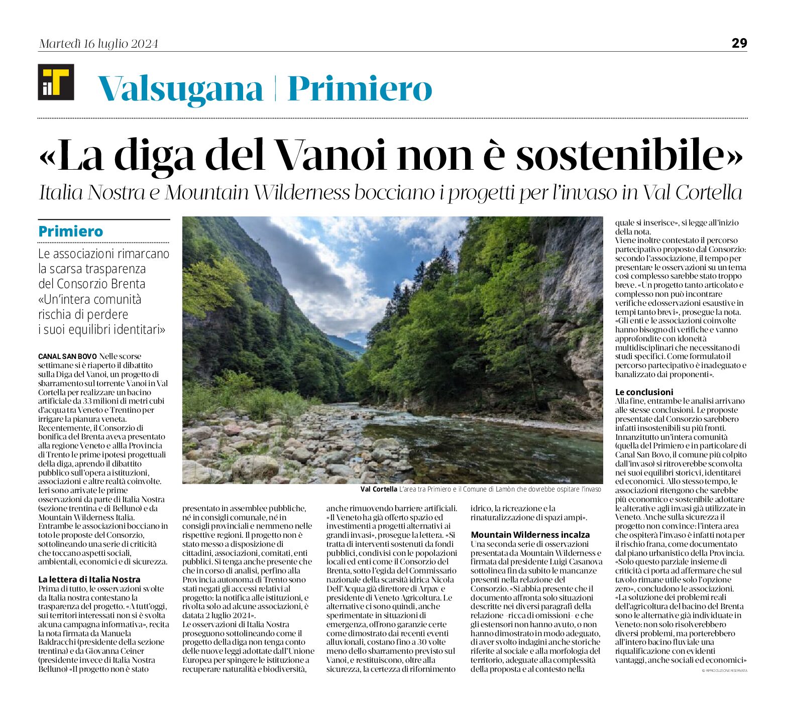 Diga del Vanoi: Italia Nostra e Mountain Wilderness “non è sostenibile”