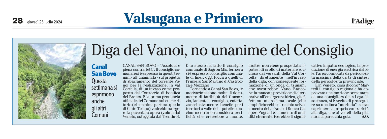 Diga del Vanoi: Canal San Bovo, no unanime del Consiglio
