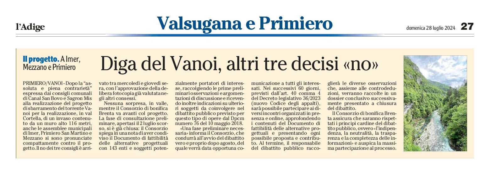 Diga del Vanoi: altri tre “no” decisi