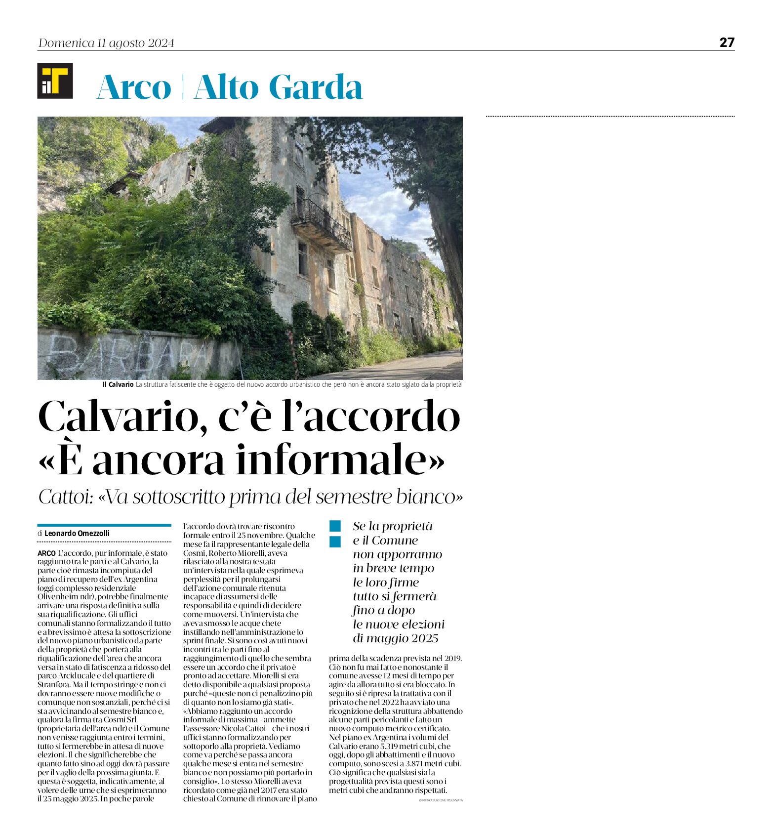 Arco: Calvario, c’è l’accordo “ancora informale”