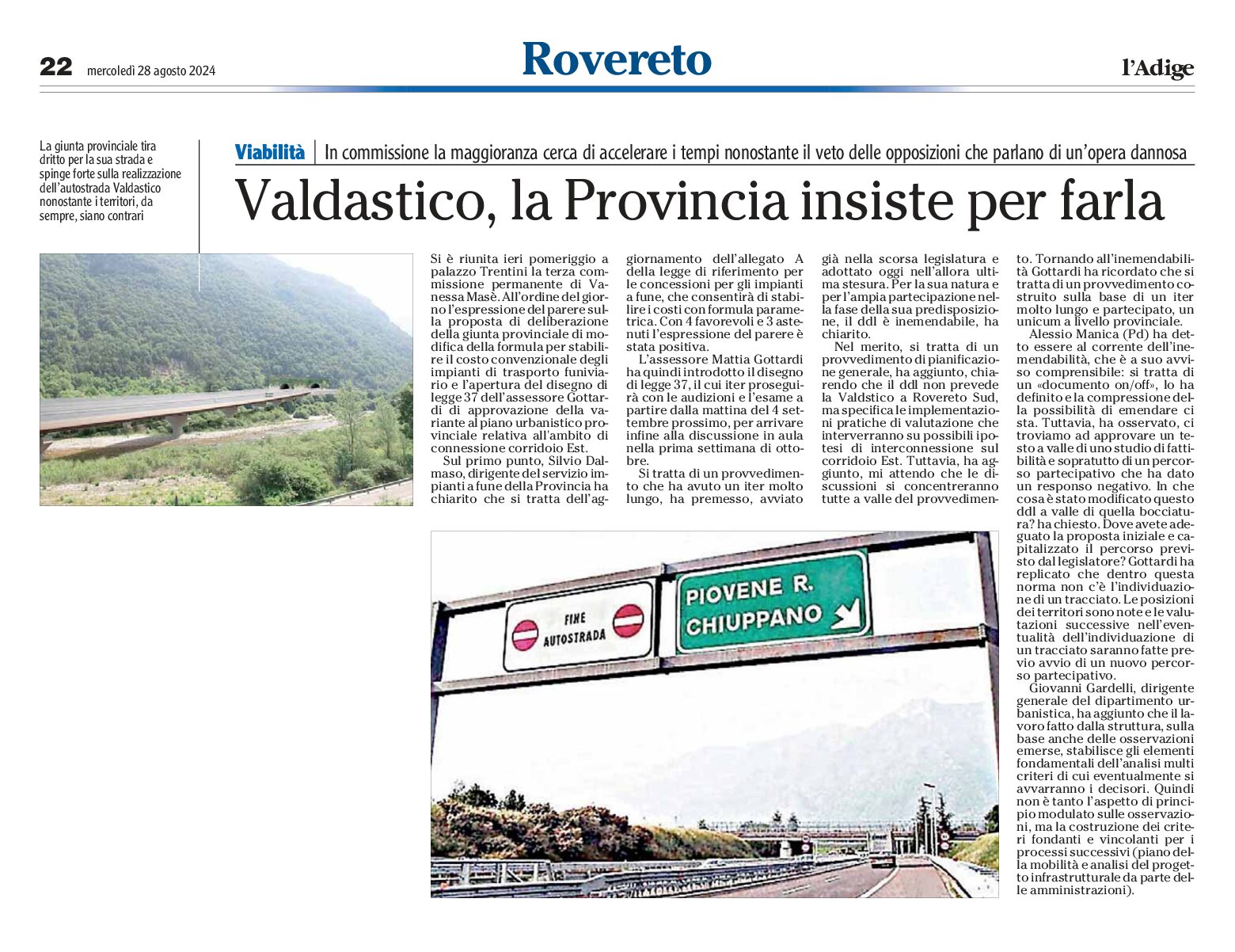 Valdastico: la Provincia insiste per farla