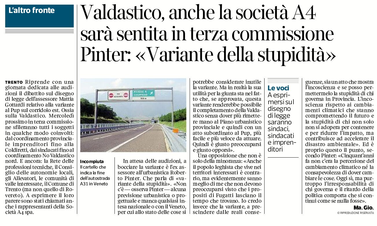 Valdastico: Pinter boccia la Variante al Pup