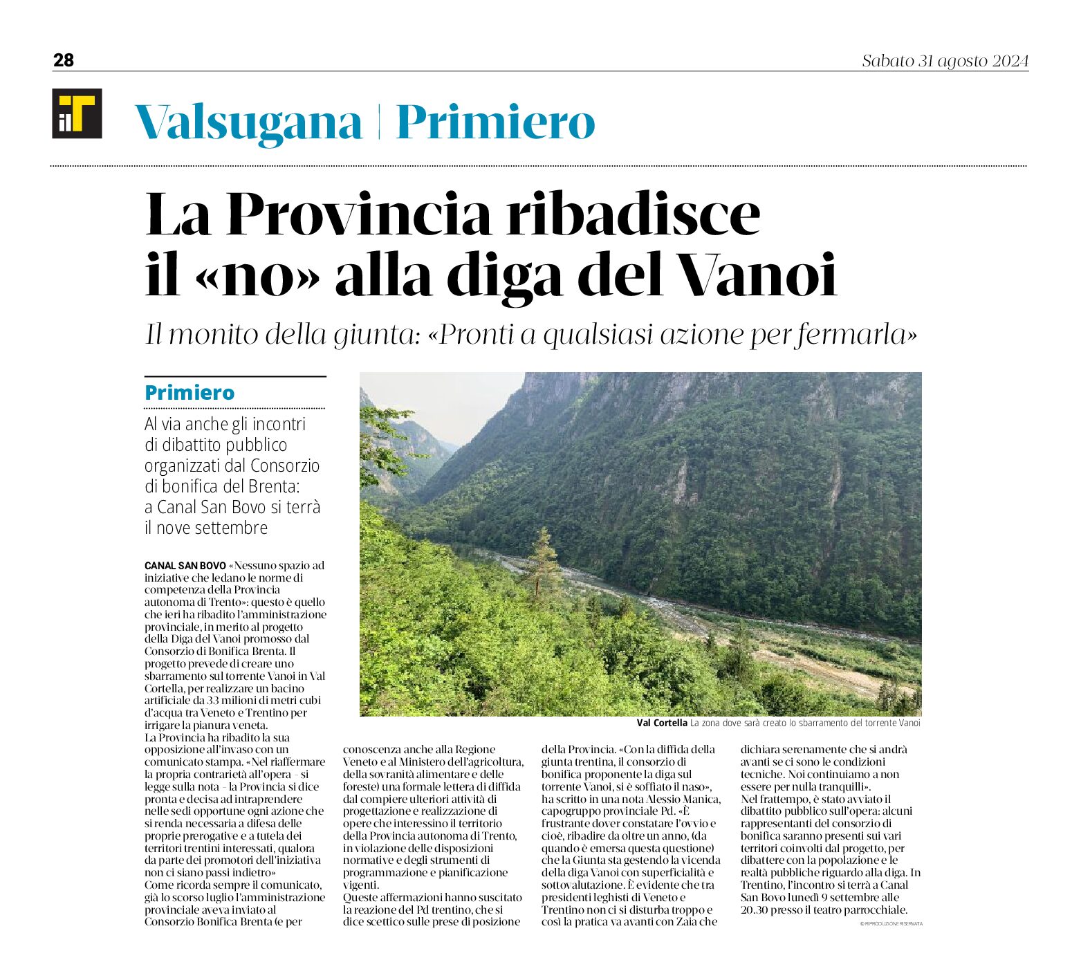 Diga del Vanoi: la Provincia ribadisce il “no”