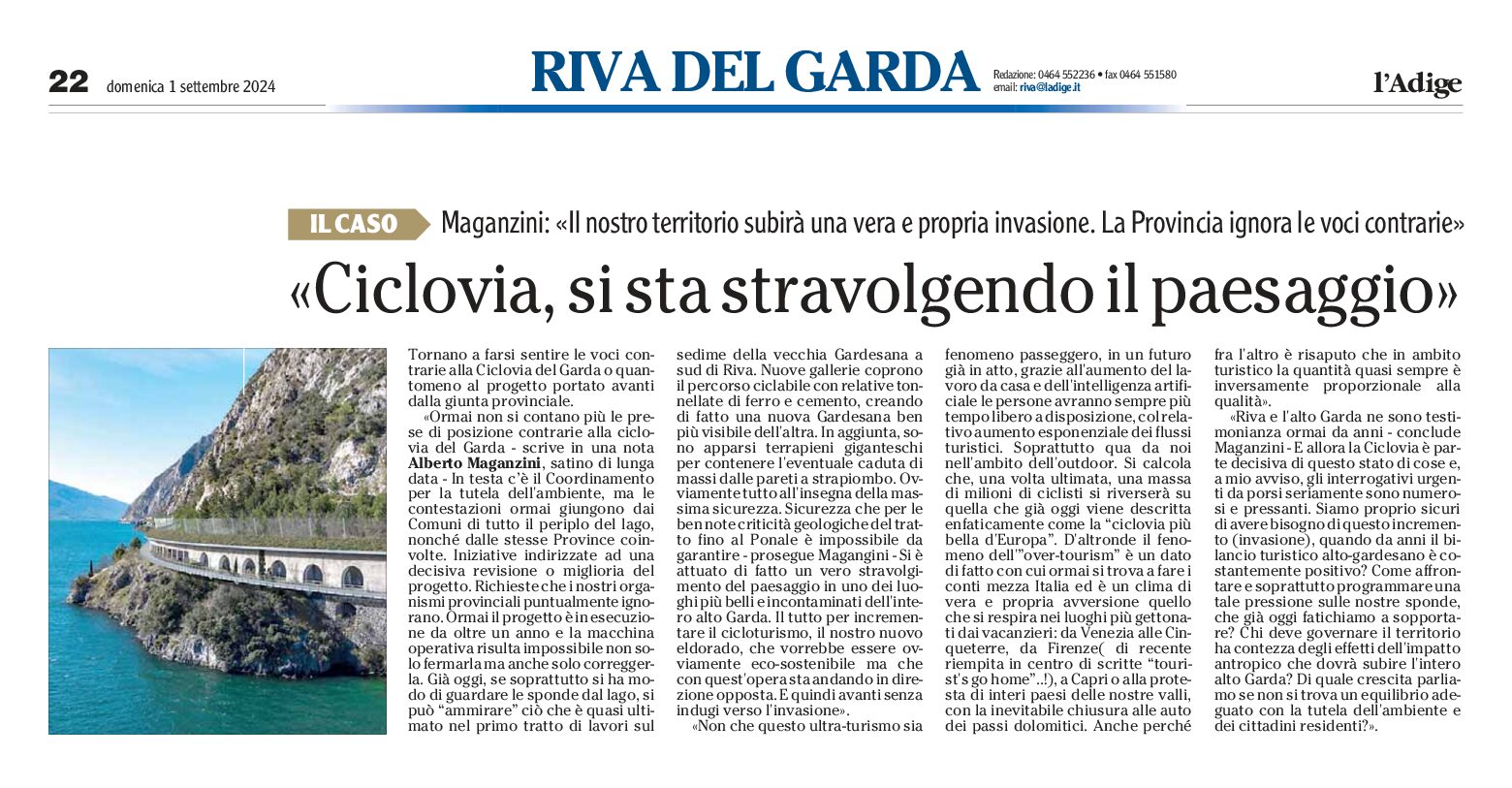 Ciclovia del Garda: Maganzini “si sta stravolgendo il paesaggio”