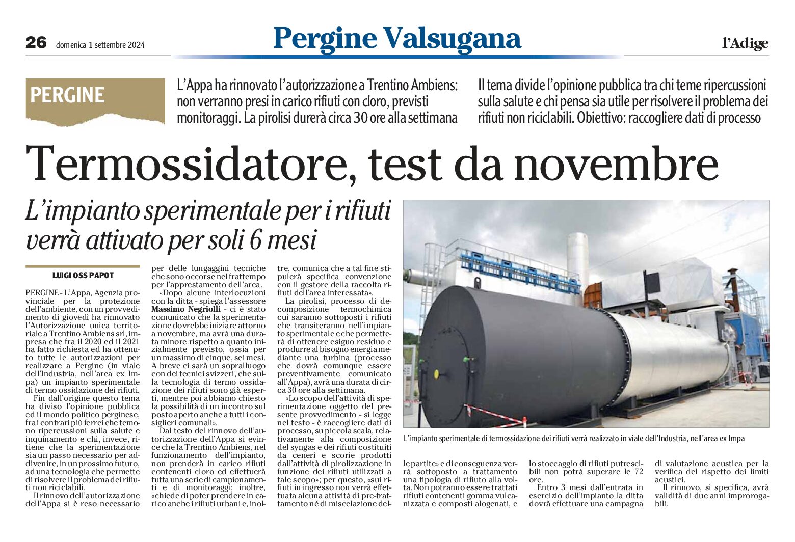 Pergine: termossidatore, test da novembre per 6 mesi