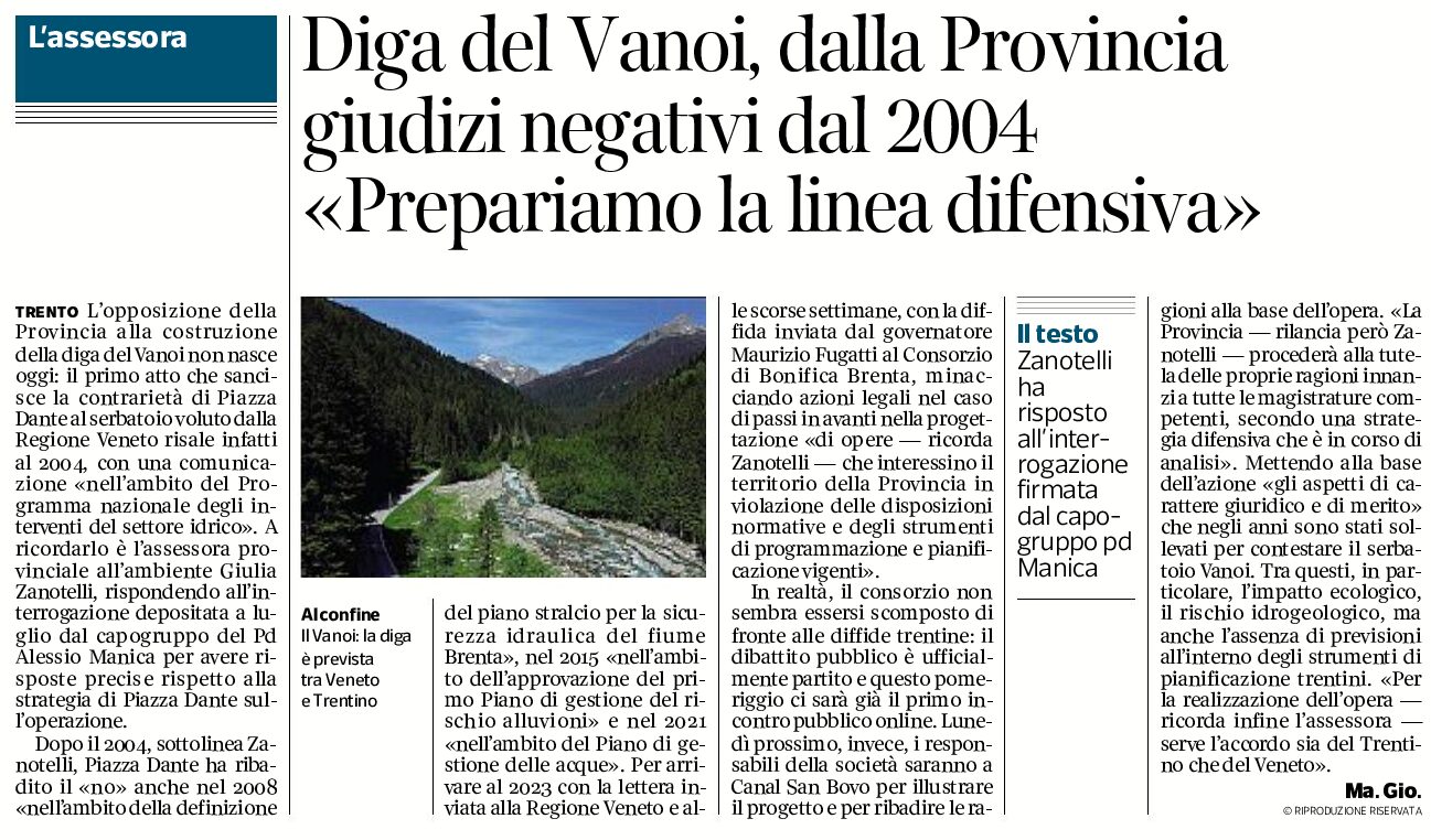 Diga del Vanoi: Provincia “prepariamo la linea difensiva”. Zanotelli risponde a Manica