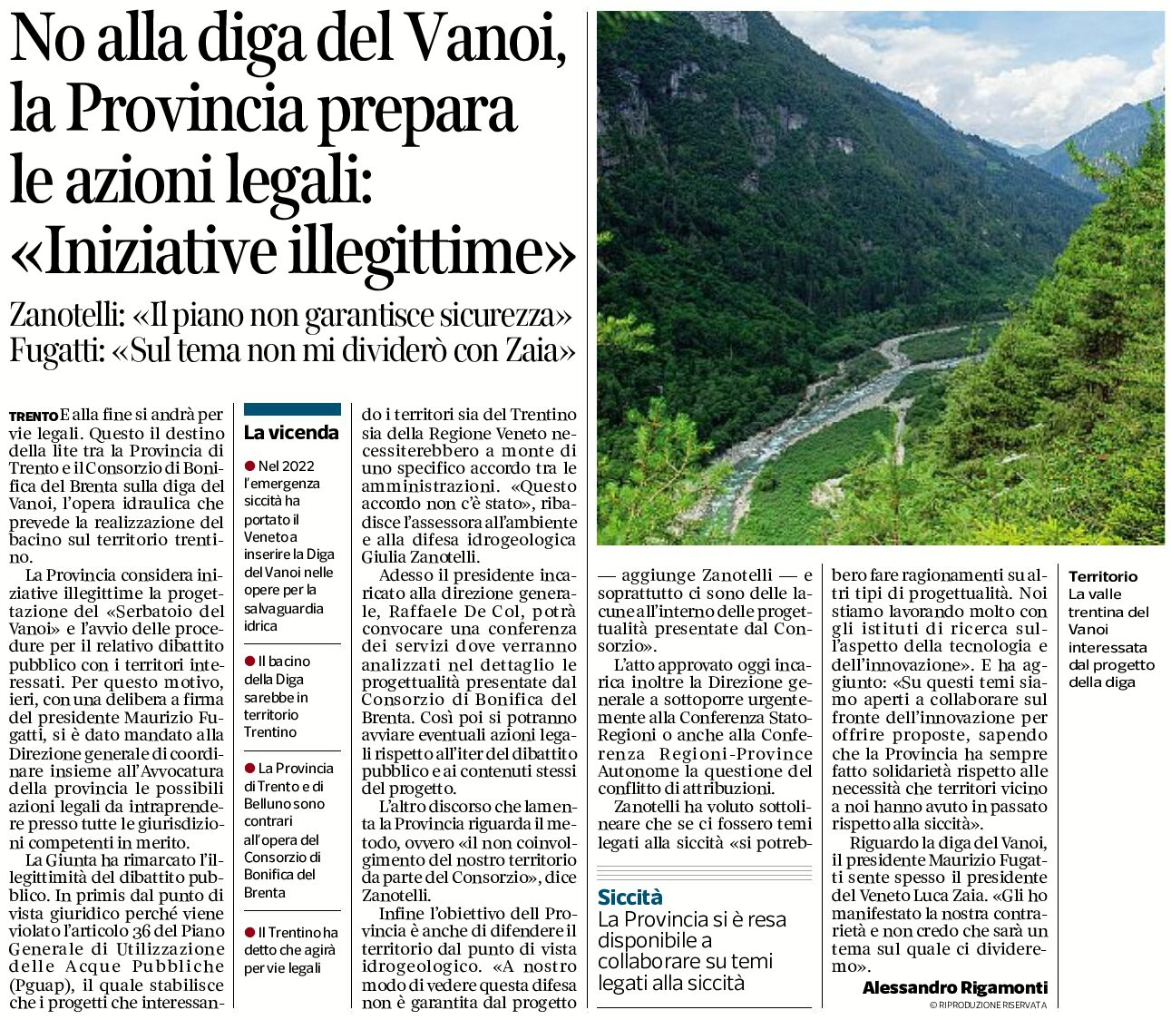 No alla diga del Vanoi: la Provincia prepara le azioni legali