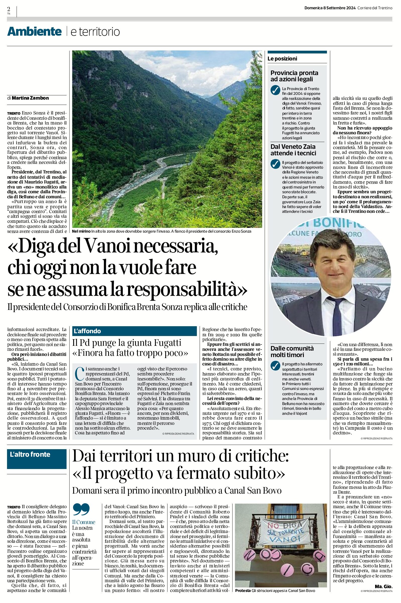 Diga del Vanoi: “necessaria” per Sonza del Consorzio Bonifica Brenta