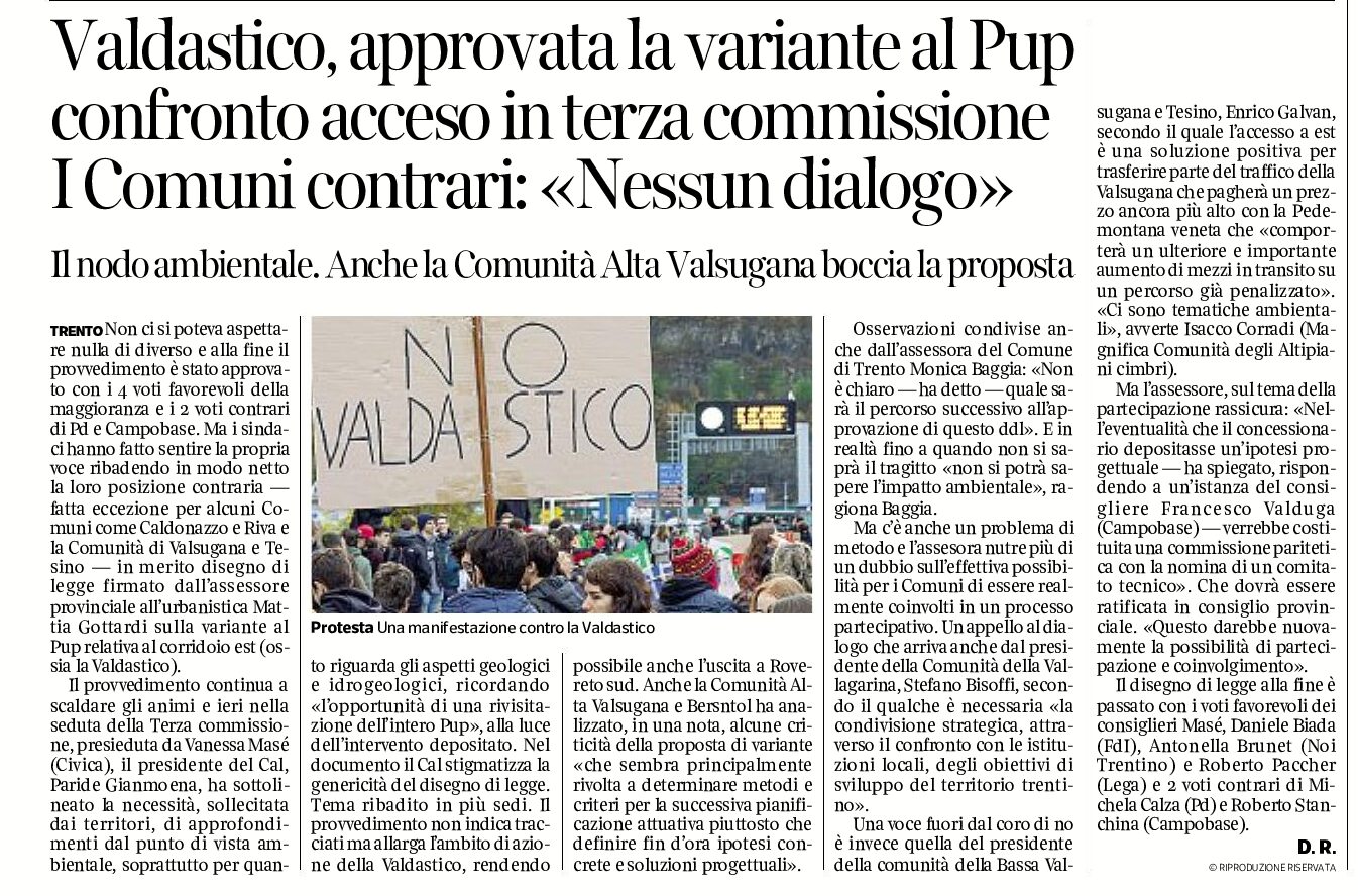 Valdastico: approvata la variante al Pup, nessun dialogo