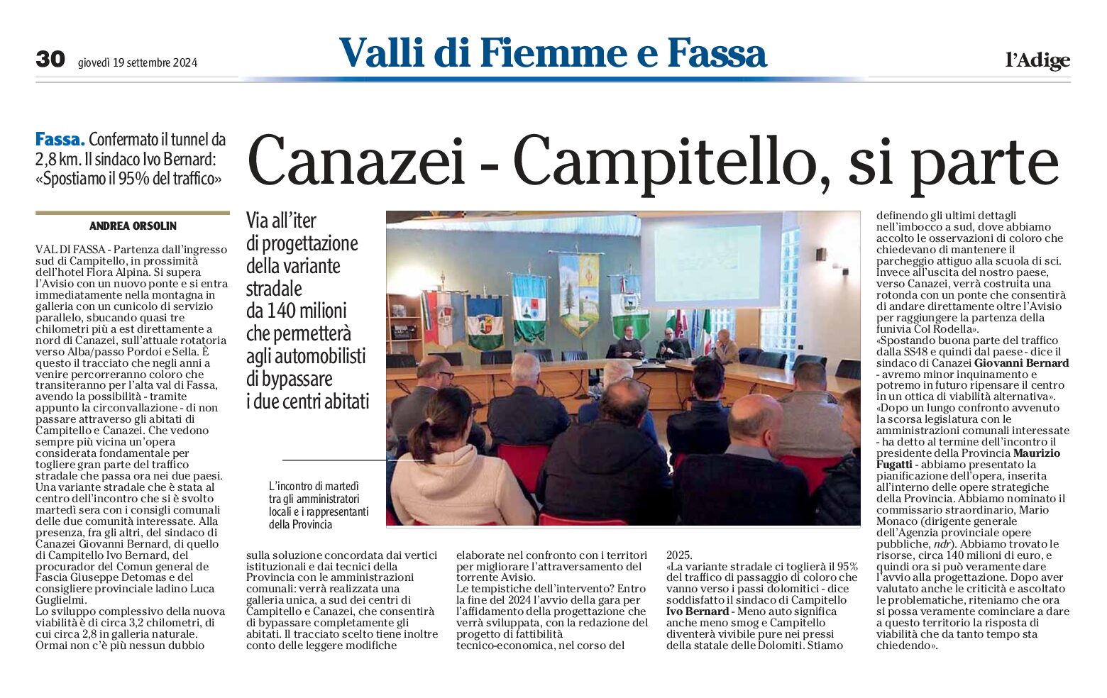 Canazei-Campitello: si parte. Confermato il nuovo tunnel