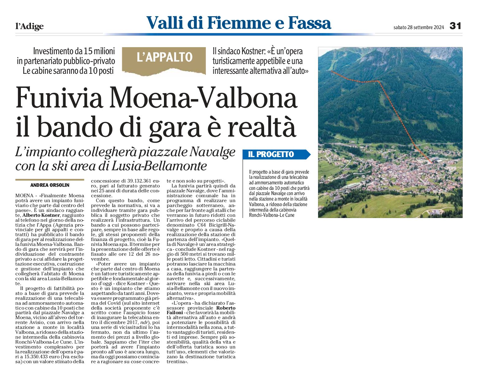 Funivia Moena-Valbona: il bando di gara è realtà