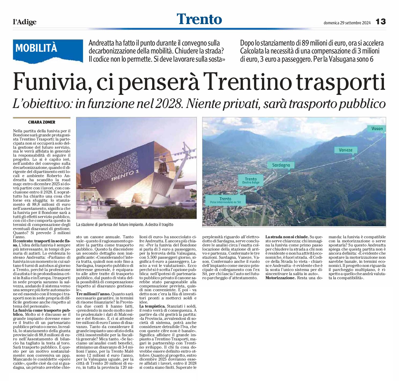 Funivia del Bondone: ci penserà Trentino Trasporti