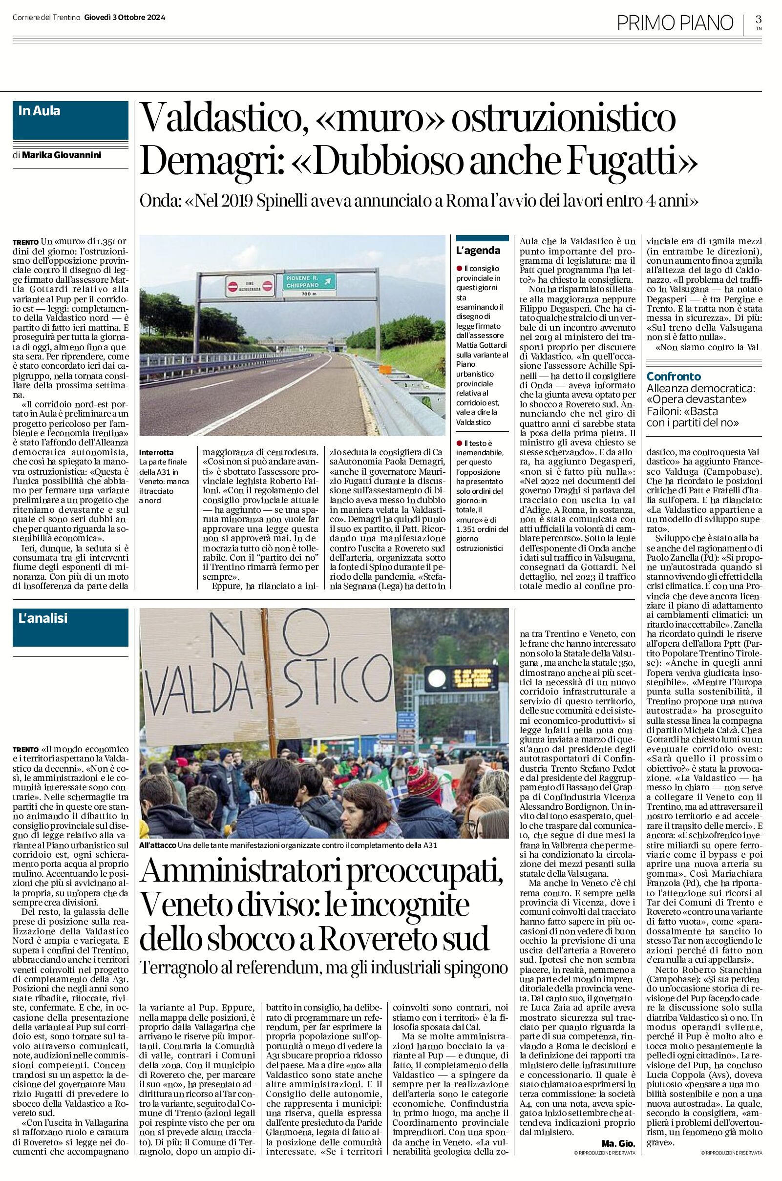 Valdastico: “muro” ostruzionistico