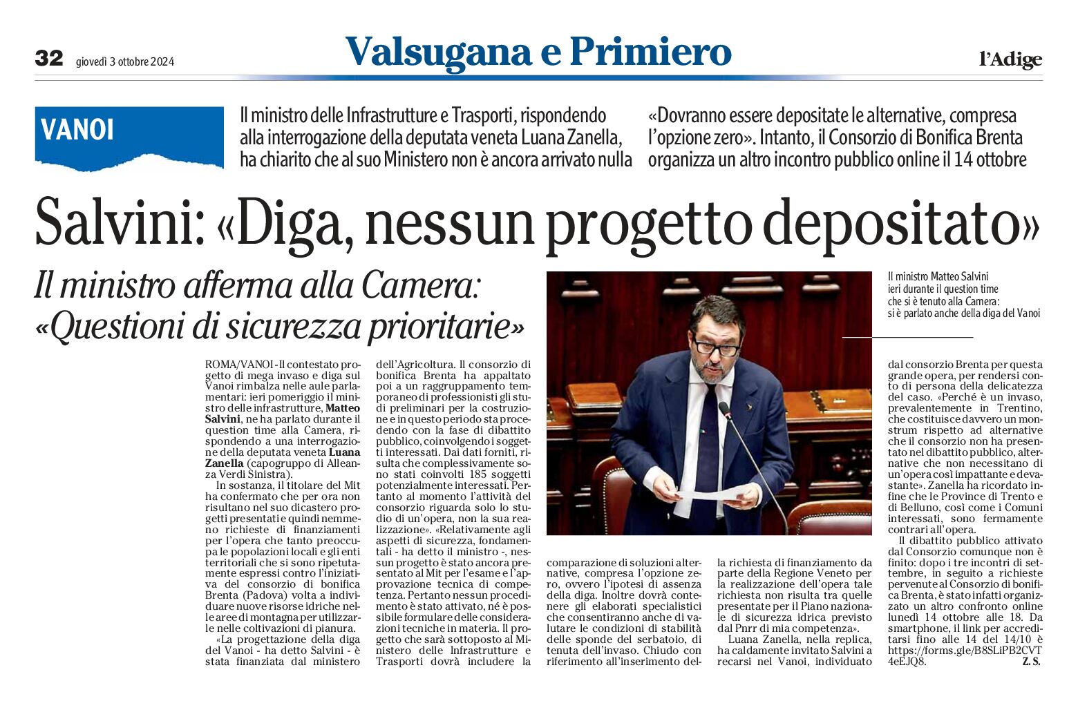 Diga del Vanoi: Salvini “nessun progetto depositato”