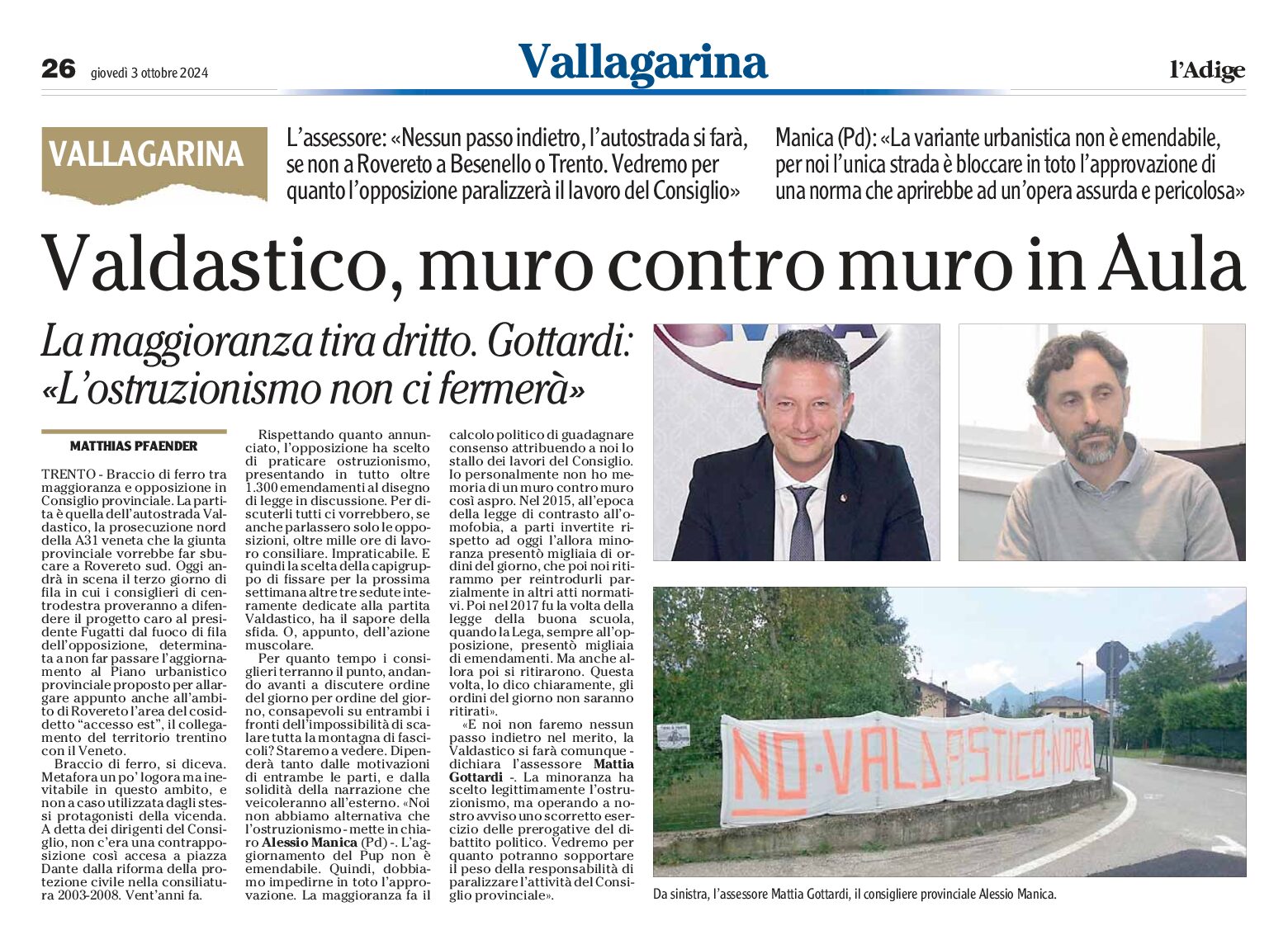 Valdastico: Gottardi “l’ostruzionismo non ci fermerà”