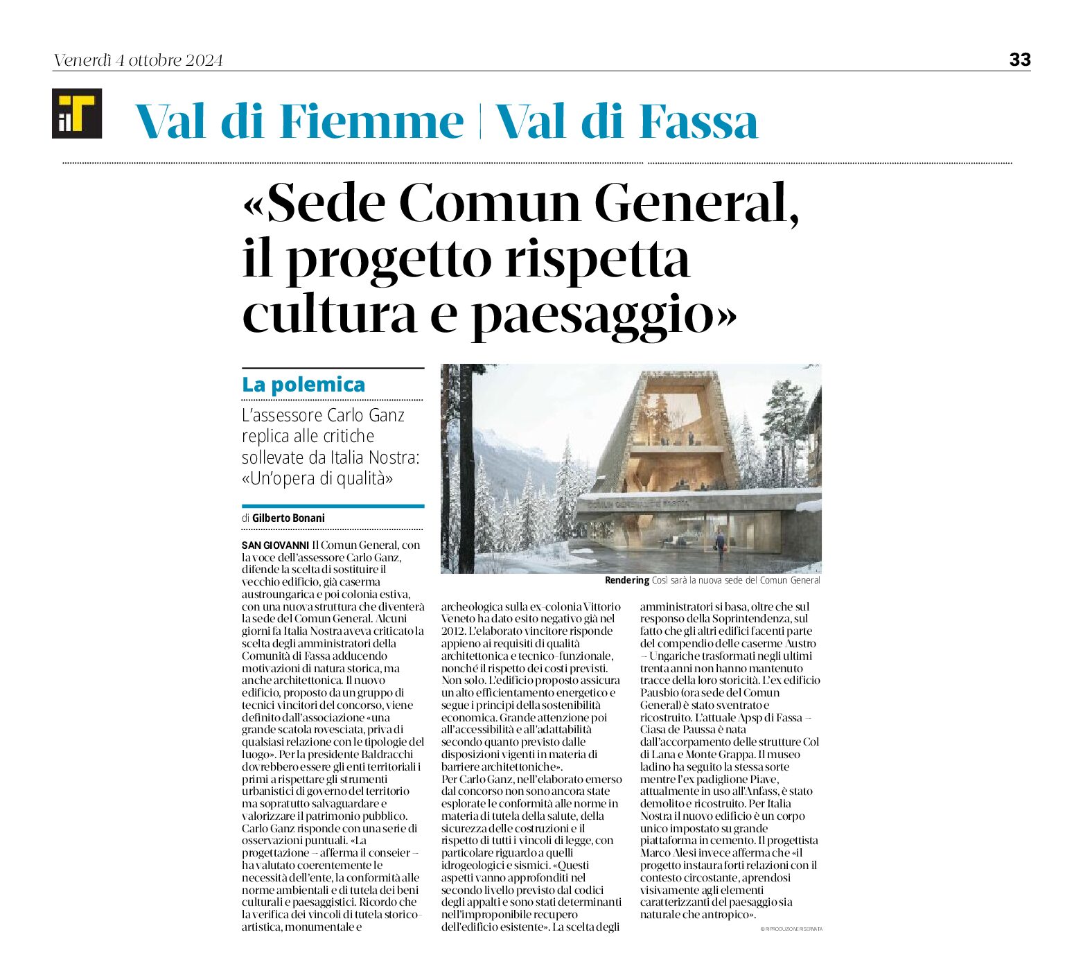 Sèn Jan, Fassa: Ganz “Sede Comun General, il progetto rispetta cultura e paesaggio”