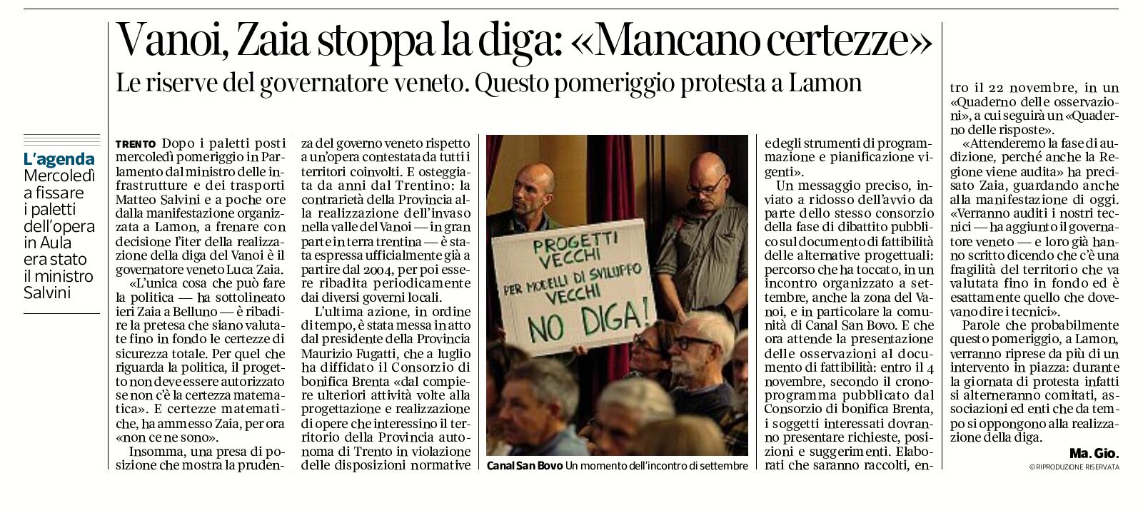 Diga del Vanoi: oggi la grande protesta a Lamon