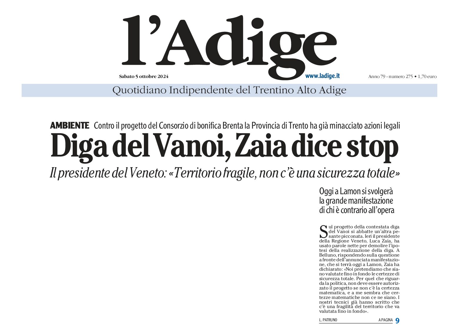 Diga del Vanoi: la grande manifestazione oggi a Lamon