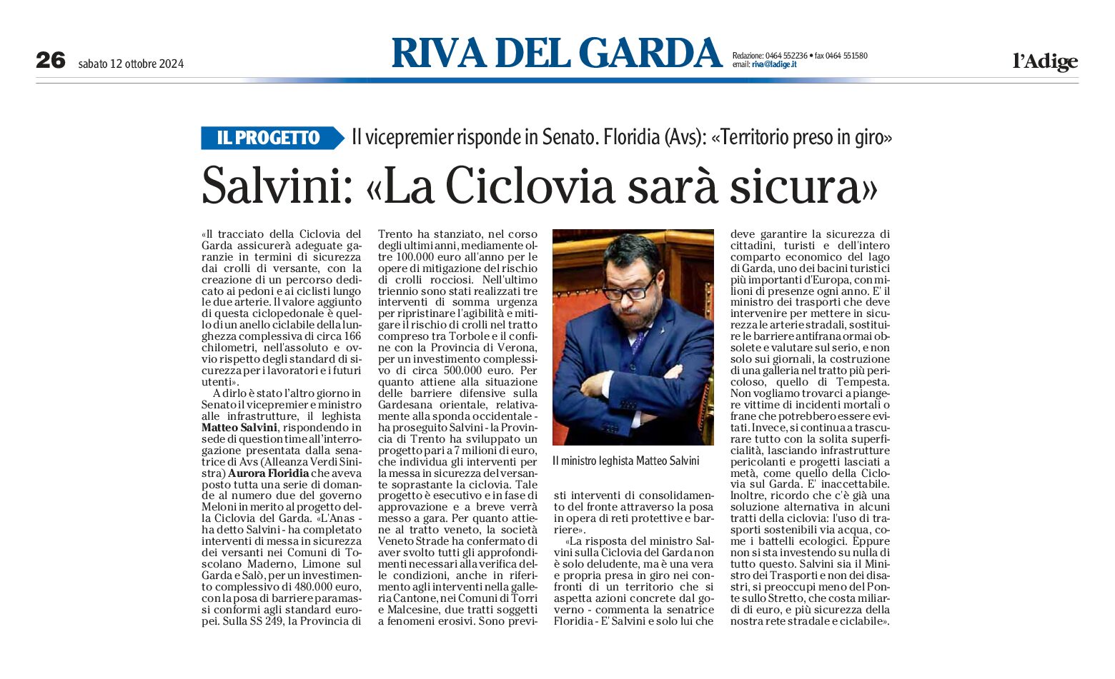 Salvini: “la Ciclovia del Garda sarà sicura”