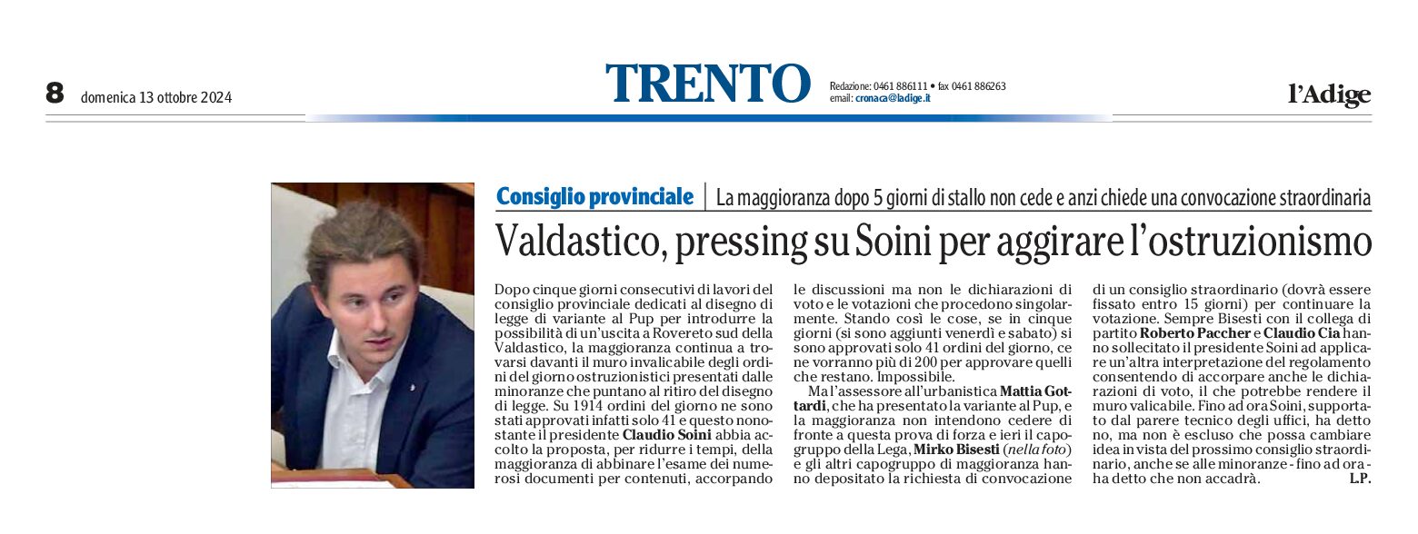 Valdastico: pressing su Soini per aggirare l’ostruzionismo