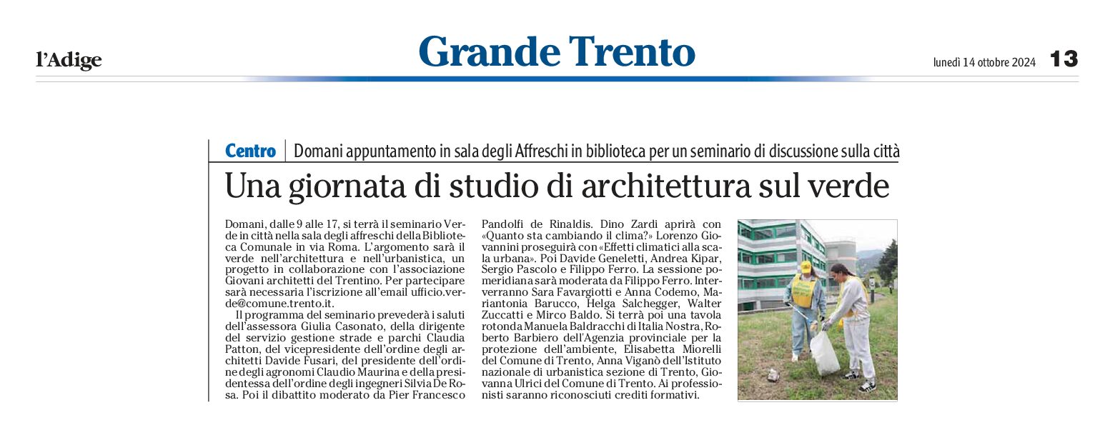 Trento: Seminario Verde in città, nell’architettura e nell’urbanistica