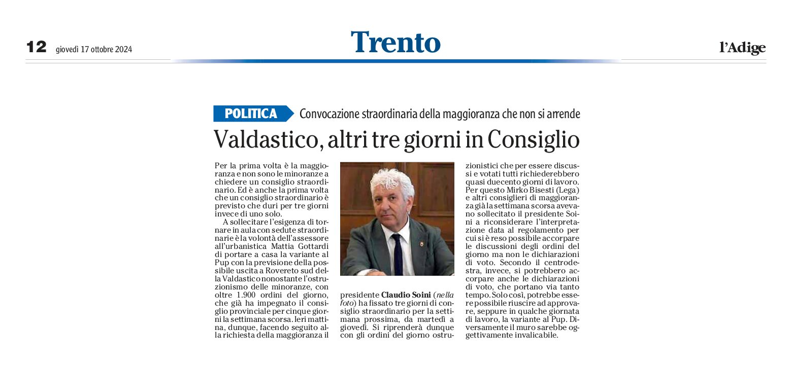 Valdastico: altri tre giorni in Consiglio