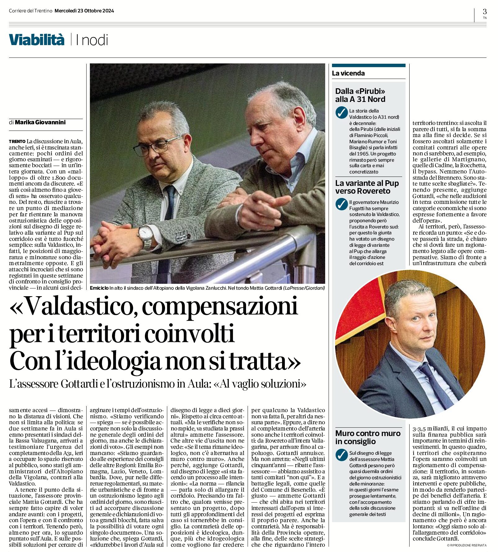 Valdastico: Gottardi “con l’ideologia non si tratta”