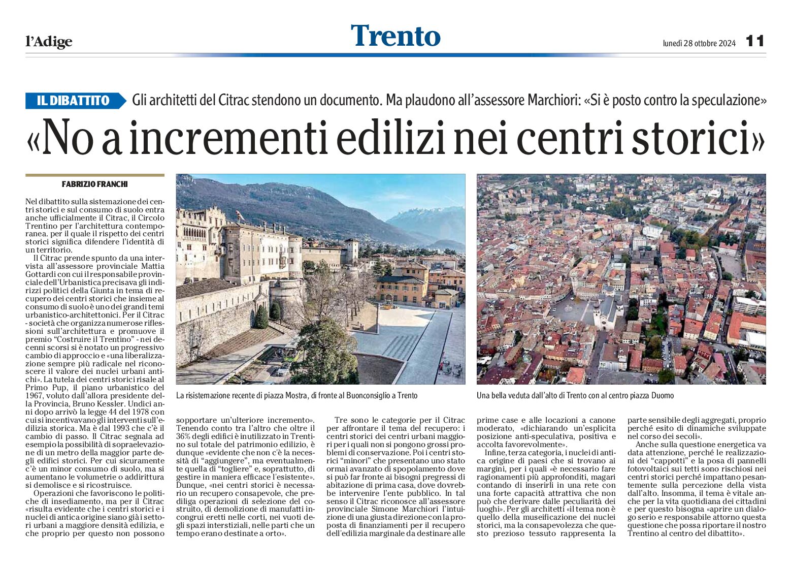 Trento, architetti del Citrac: no a incrementi edilizi nei centri storici