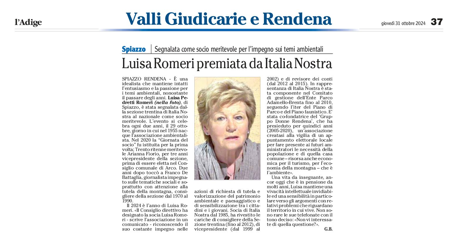 Luisa Romeri: premiata da Italia Nostra