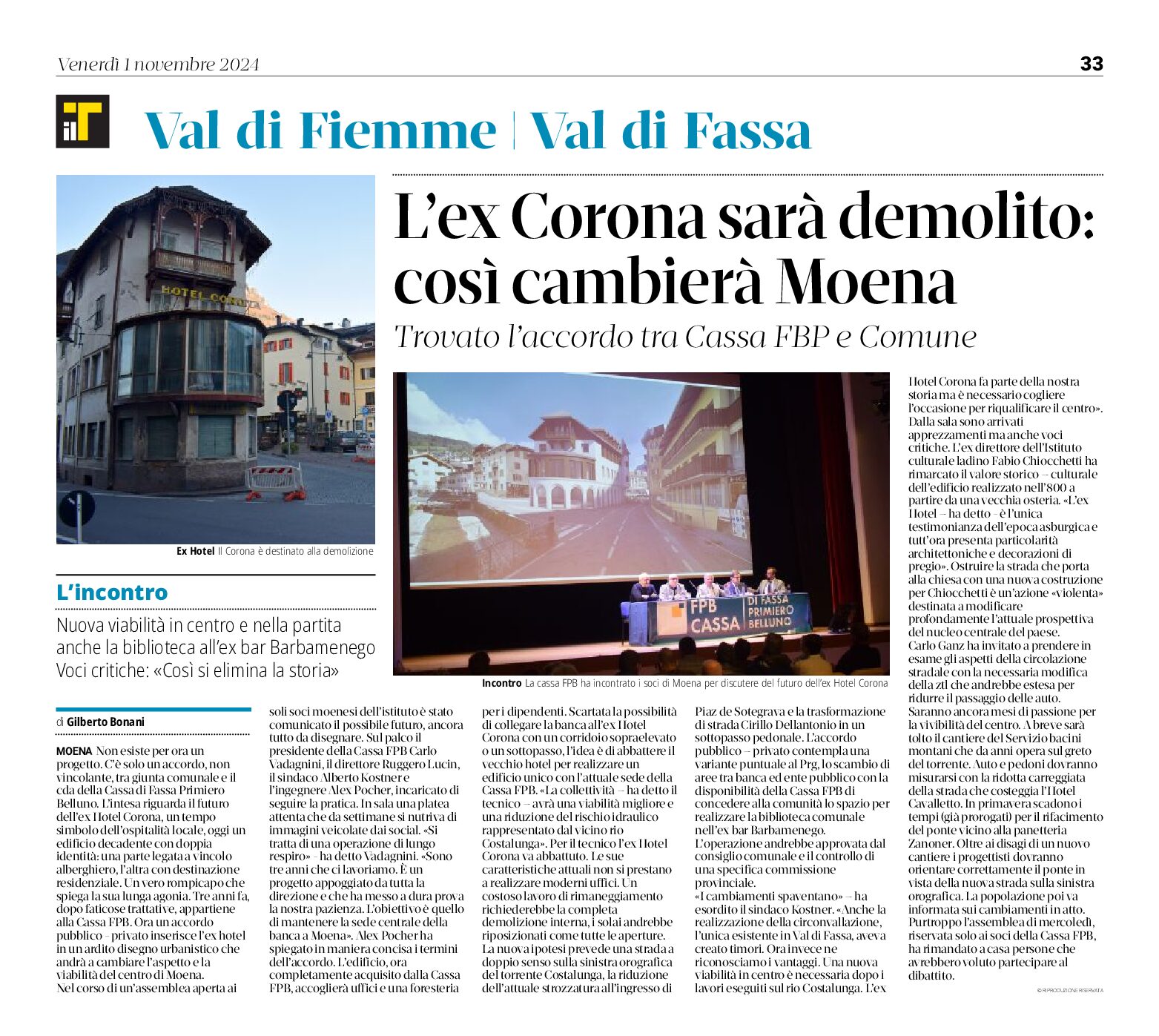 Moena: l’Hotel Corona sarà demolito. Nuova viabilità in centro