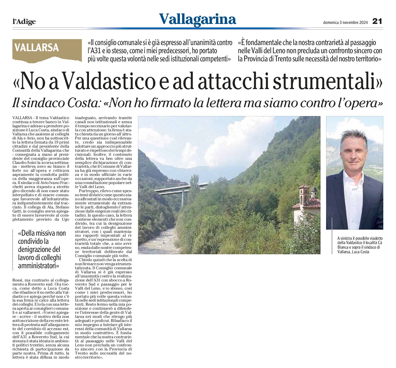 Valdastico: il sindaco di Vallarsa “non ho firmato la lettera ma siamo contro l’opera”