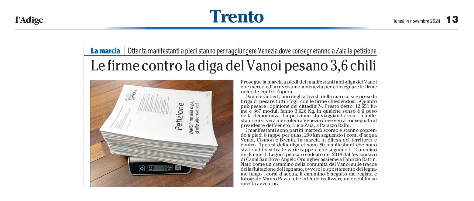 Vanoi: le firme anti-diga pesano 3,6 chili