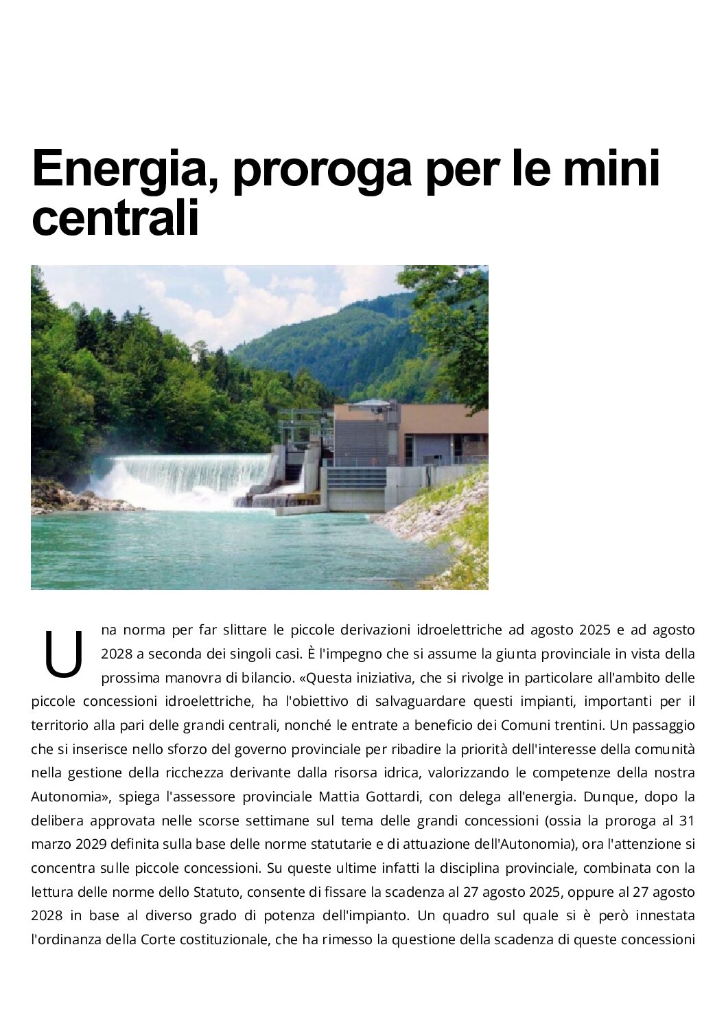 Energia: proroga per le mini centrali