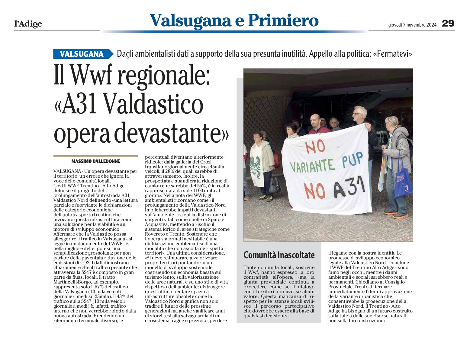 A31 Valdastico: il Wwf regionale “opera devastante”