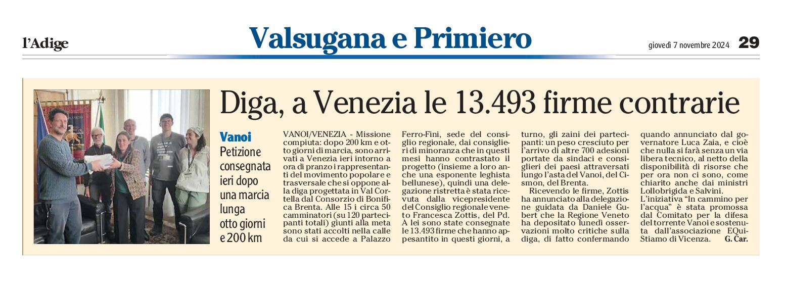 Diga del Vanoi: a Venezia le 13.493 firme contrarie