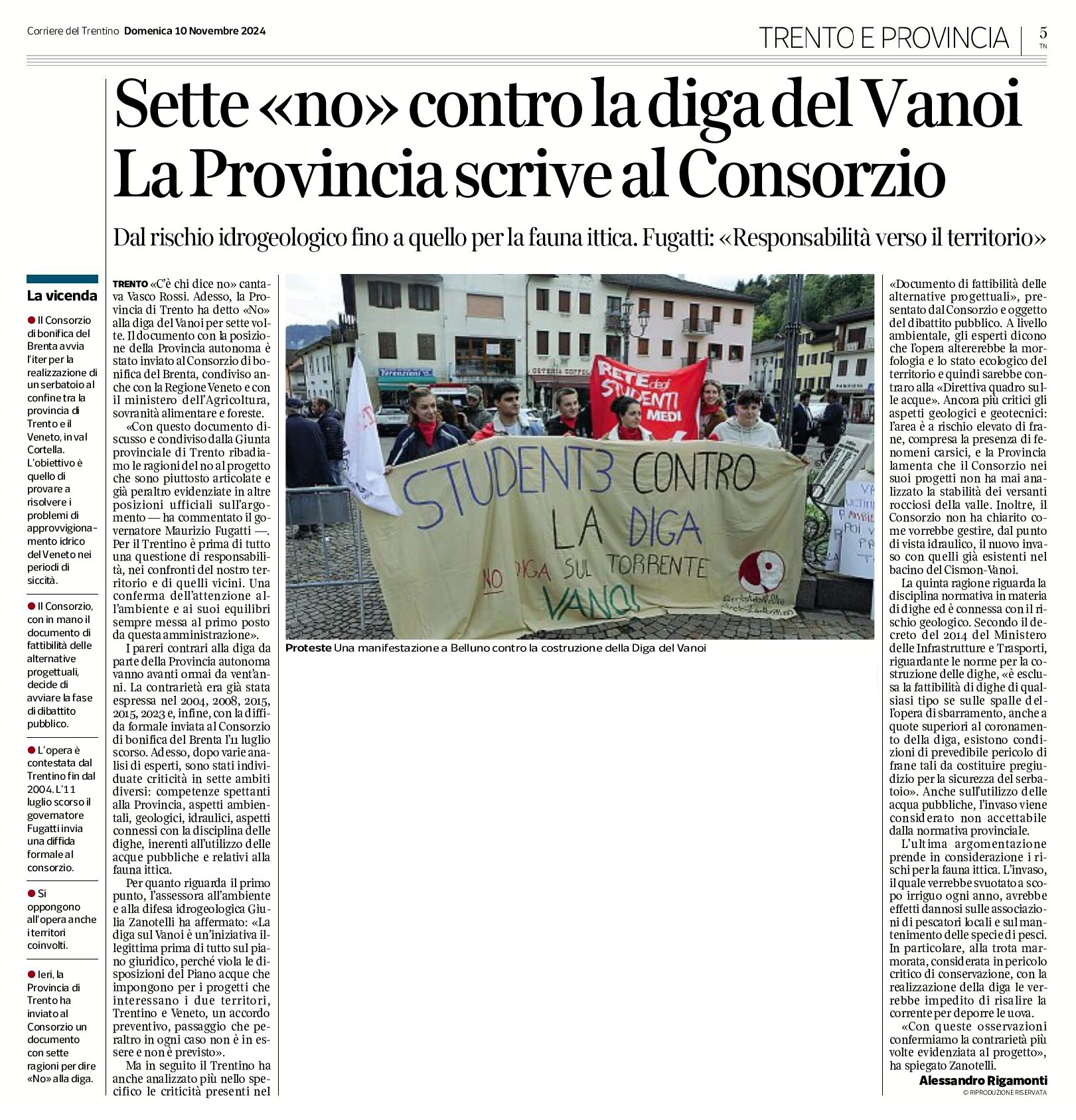 Diga del Vanoi: 7 “no” contro. La Provincia scrive al Consorzio