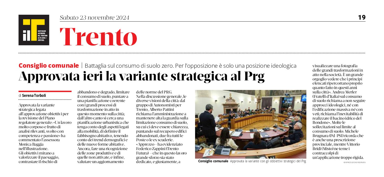 Trento, Consiglio comunale: approvata variante strategica al Prg