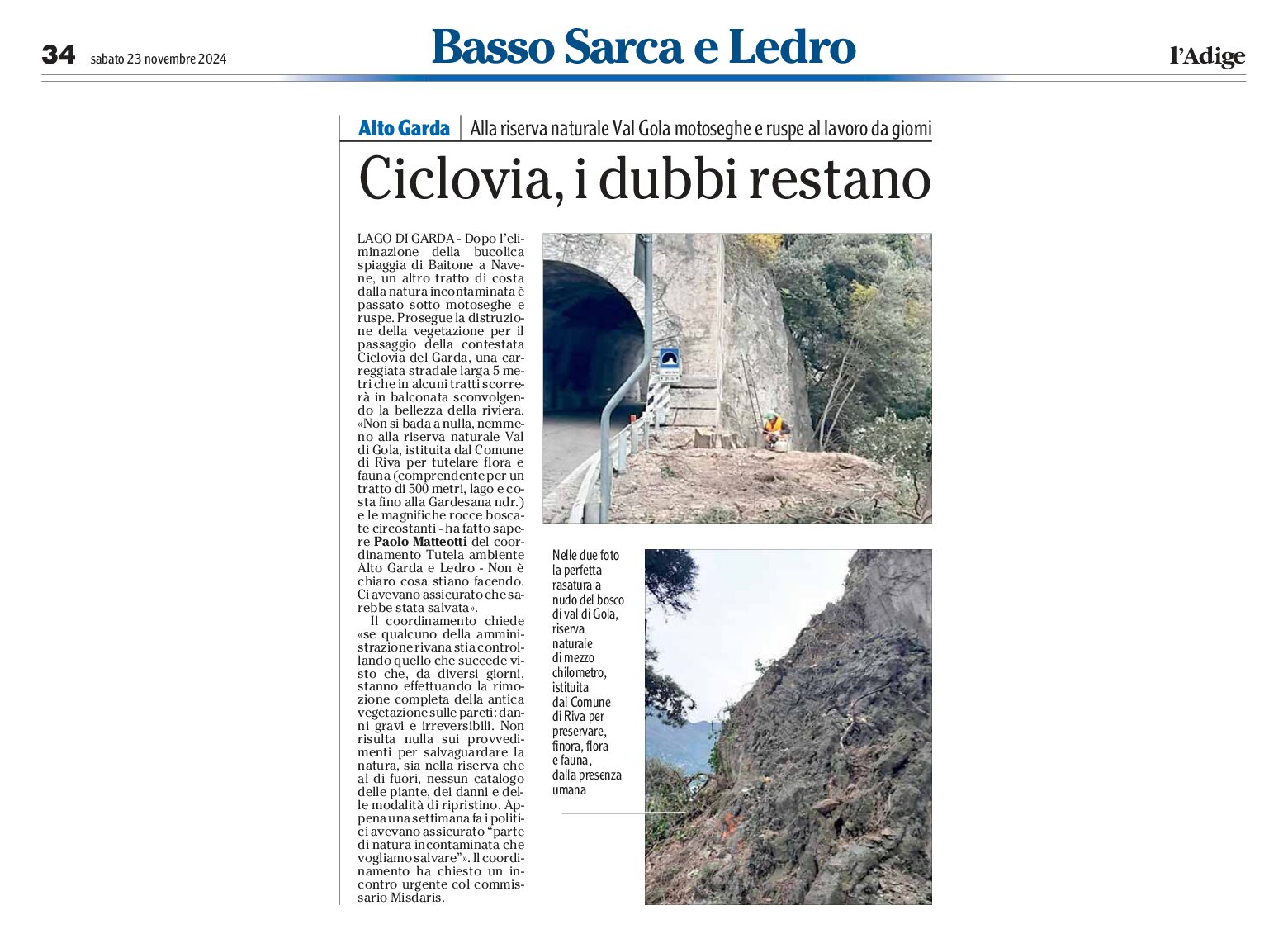 Ciclovia del Garda: danni  alla riserva naturale Val di Gola