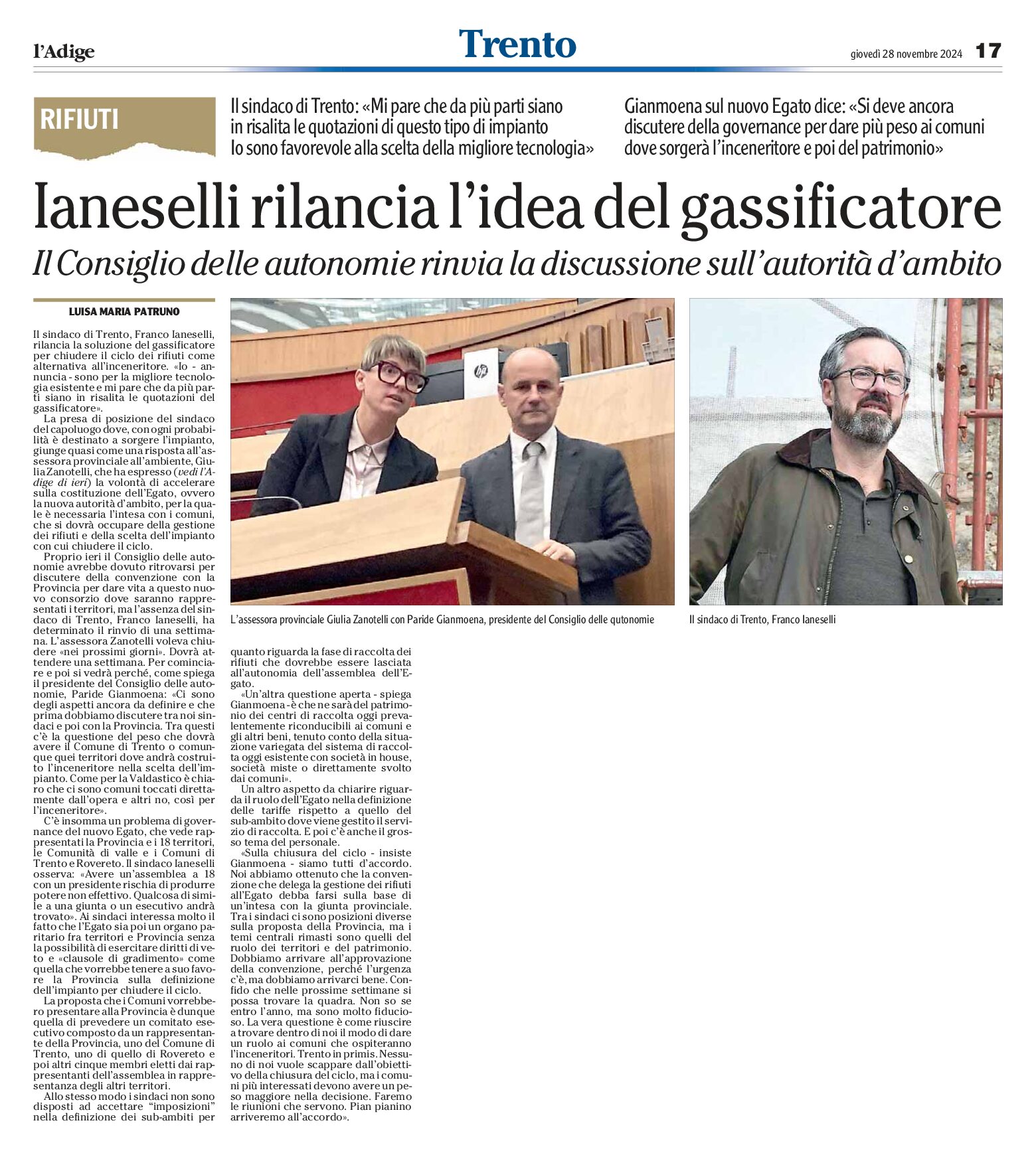 Trento, rifiuti: Ianeselli rilancia l’idea del gassificatore