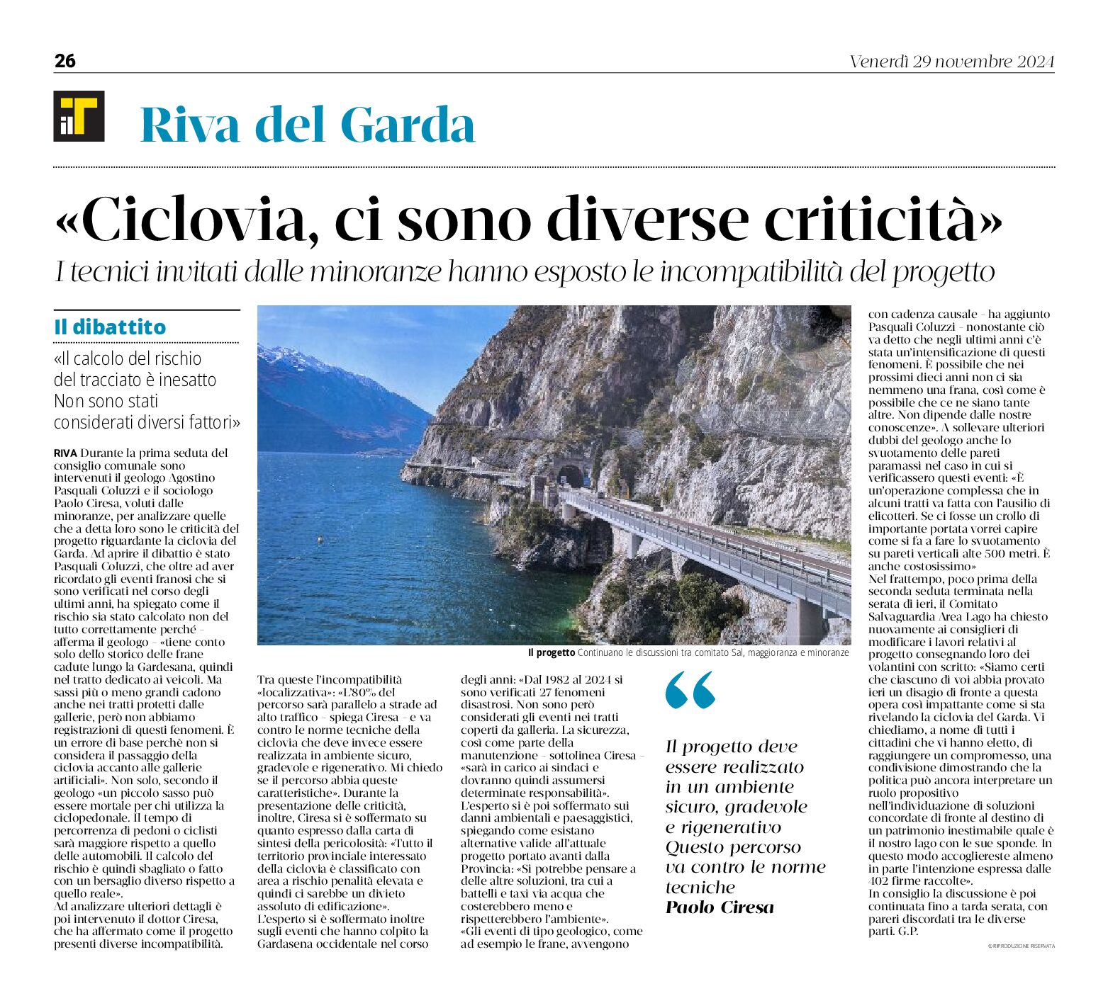 Ciclovia del Garda: i tecnici “ci sono diverse criticità”