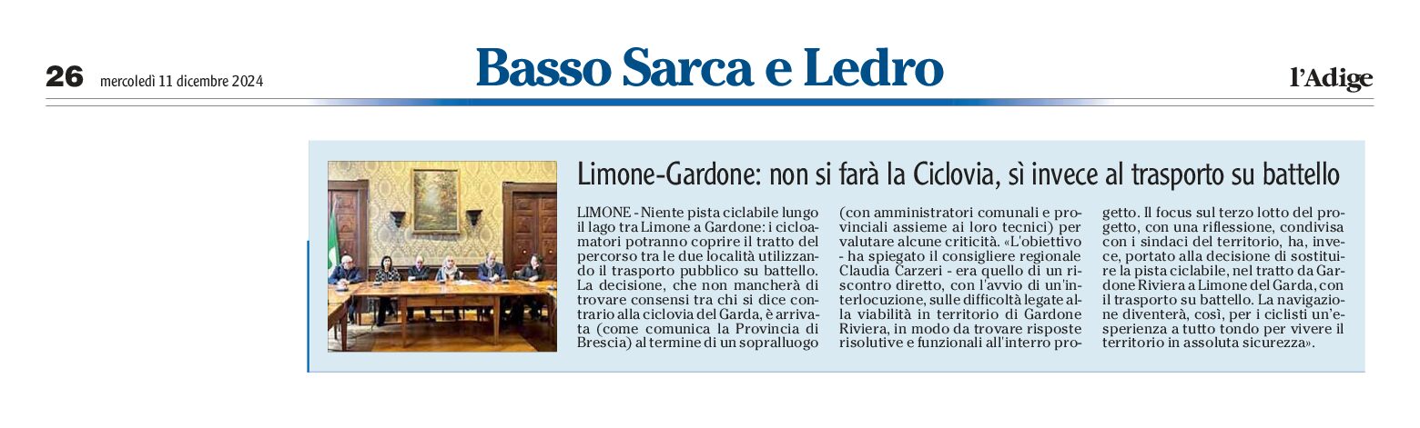 Limone-Gardone: no Ciclovia, sì al trasporto su battello