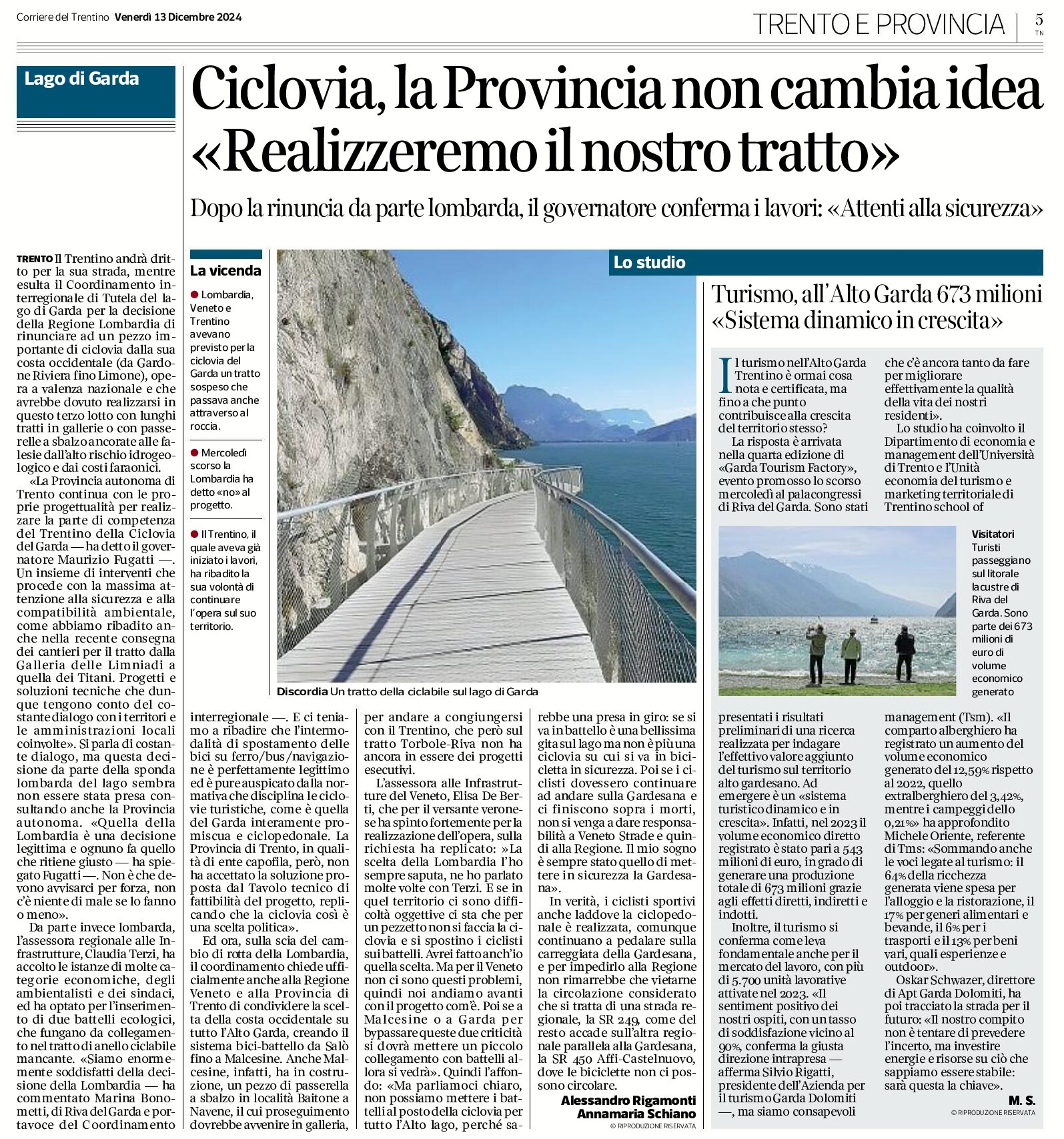 Ciclovia del Garda: la Provincia non cambia idea