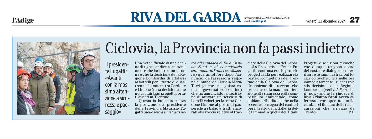 Ciclovia del Garda: la Provincia non fa passi indietro