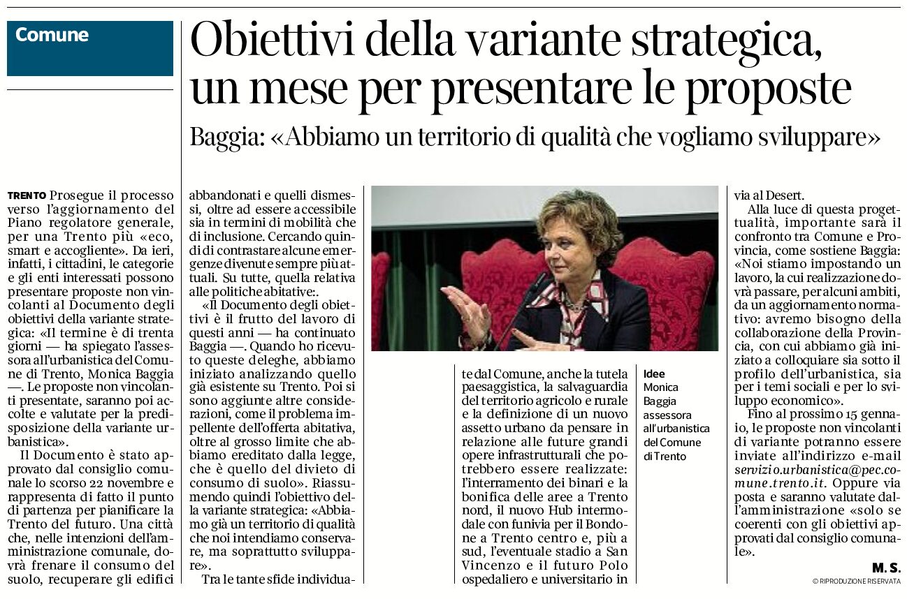 Trento, obiettivi della variante strategica. Un mese per le proposte