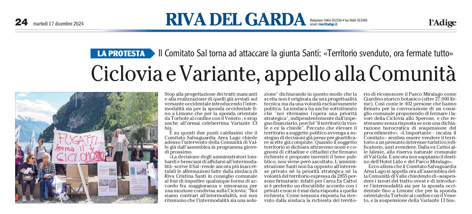 Riva: Ciclovia e variante, appello alla Comunità di Valle