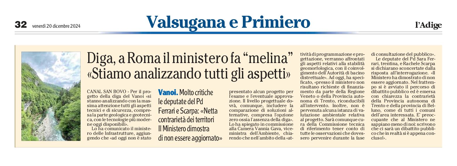 Diga del Vanoi: a Roma il ministero “stiamo analizzando”